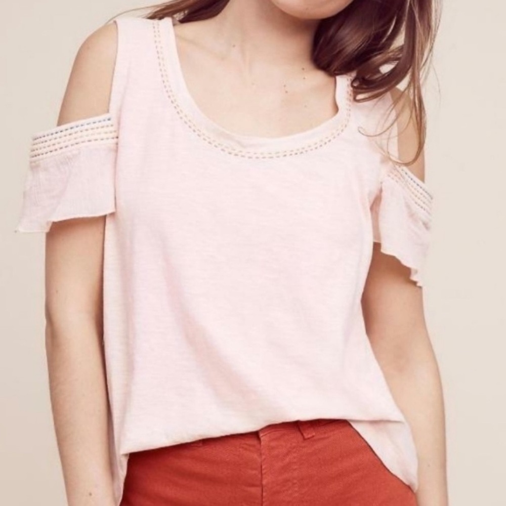 Anthropologie Pale Pink Cold-Shoulder Cotton Blend Top